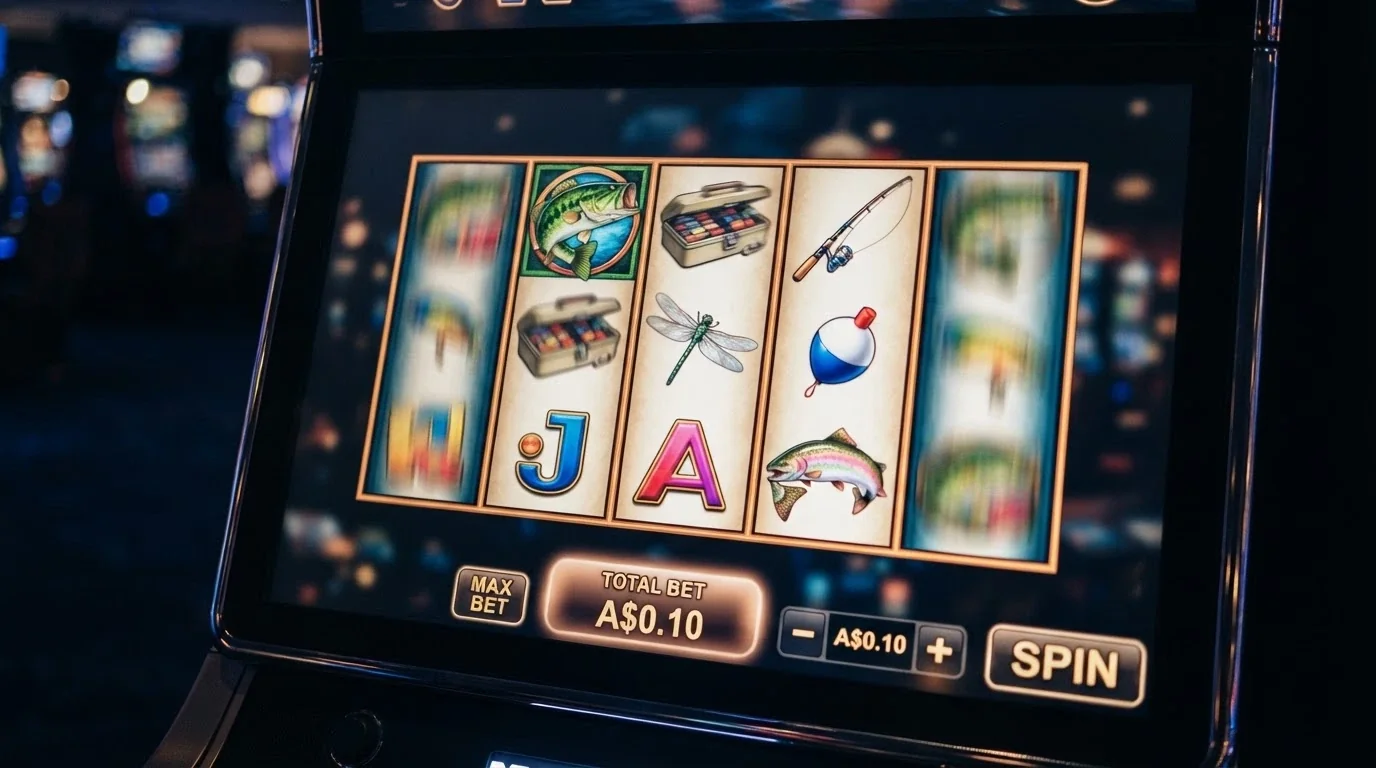 The Big Bass Bonanza title screen with its 5×3 reel grid, showing the A$0.10 minimum-bet setting highlighted on the control panel
