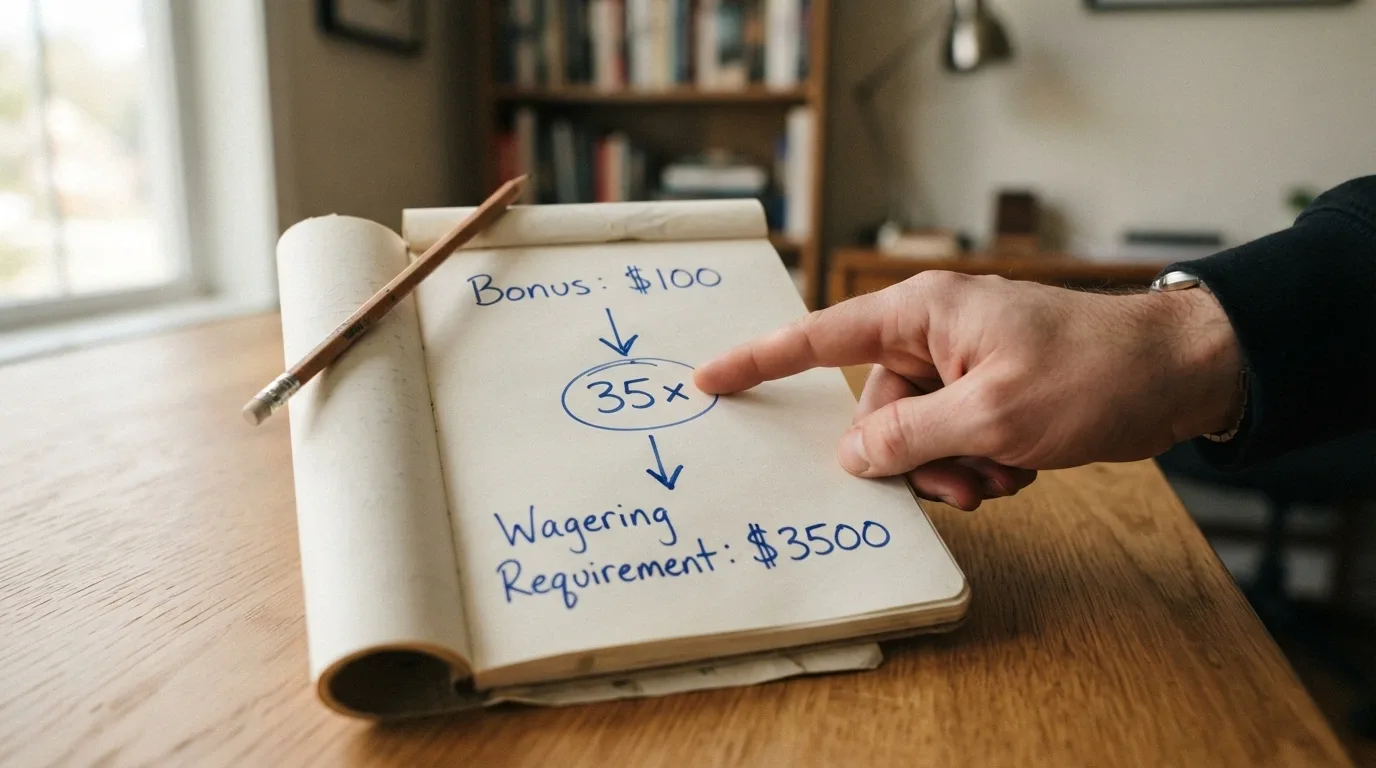 A notepad sketch showing a bonus dollar figure arrowed through a 35× multiplier into the total turnover amount required to clear it