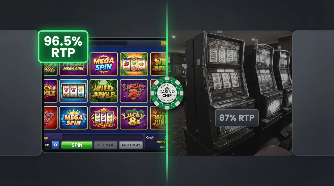 A split-screen visual: on the left a colourful online pokies grid with a 96.5% RTP badge, on the right a muted Australian pub pokies screen with an 87% RTP tag, a BCH coin between them