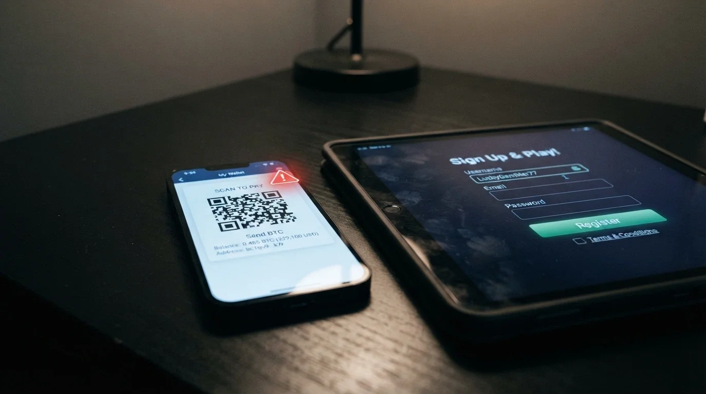 A smartphone displaying a cryptocurrency wallet QR code beside a casino sign-up screen, with a subtle red warning icon overlay
