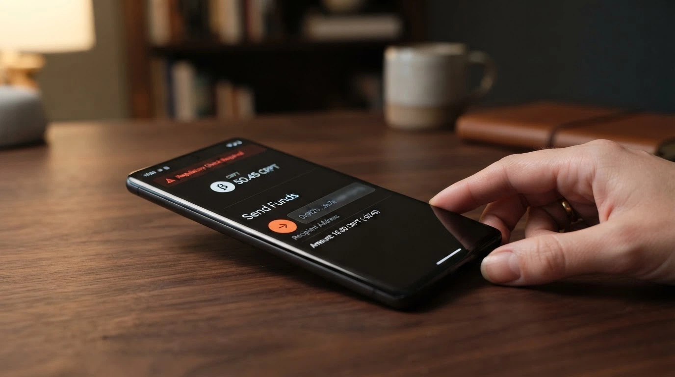 A crypto wallet interface sending funds to a casino deposit address, with a visual marker flagging that crypto acceptance means the operator is outside Australian licensed-wagering rules