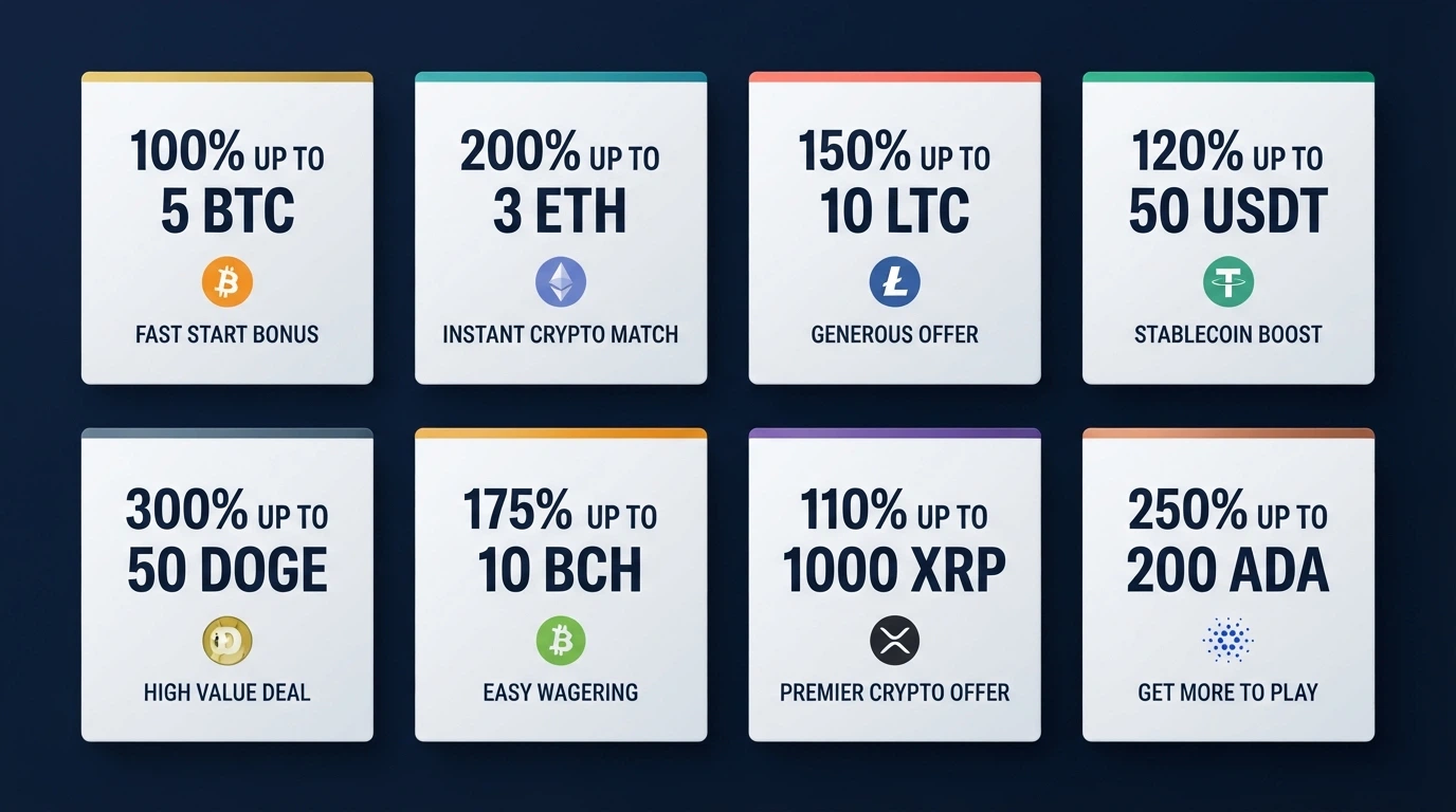 A side-by-side grid layout comparing eight online casino welcome-offer cards, each marked with a Bitcoin symbol indicating crypto deposit support