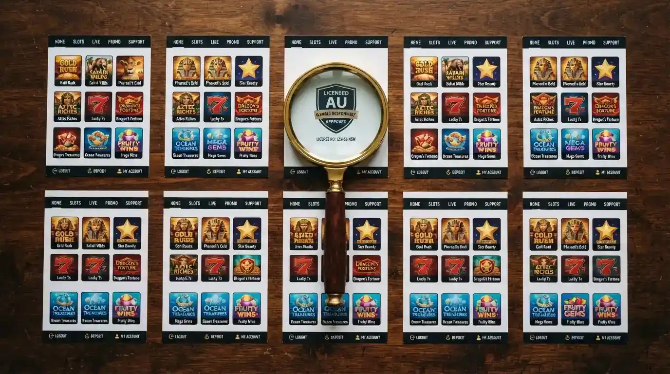 A grid of ten casino homepages shrunk to card-sized thumbnails, laid out in a comparison spread with a magnifying glass over a licence badge