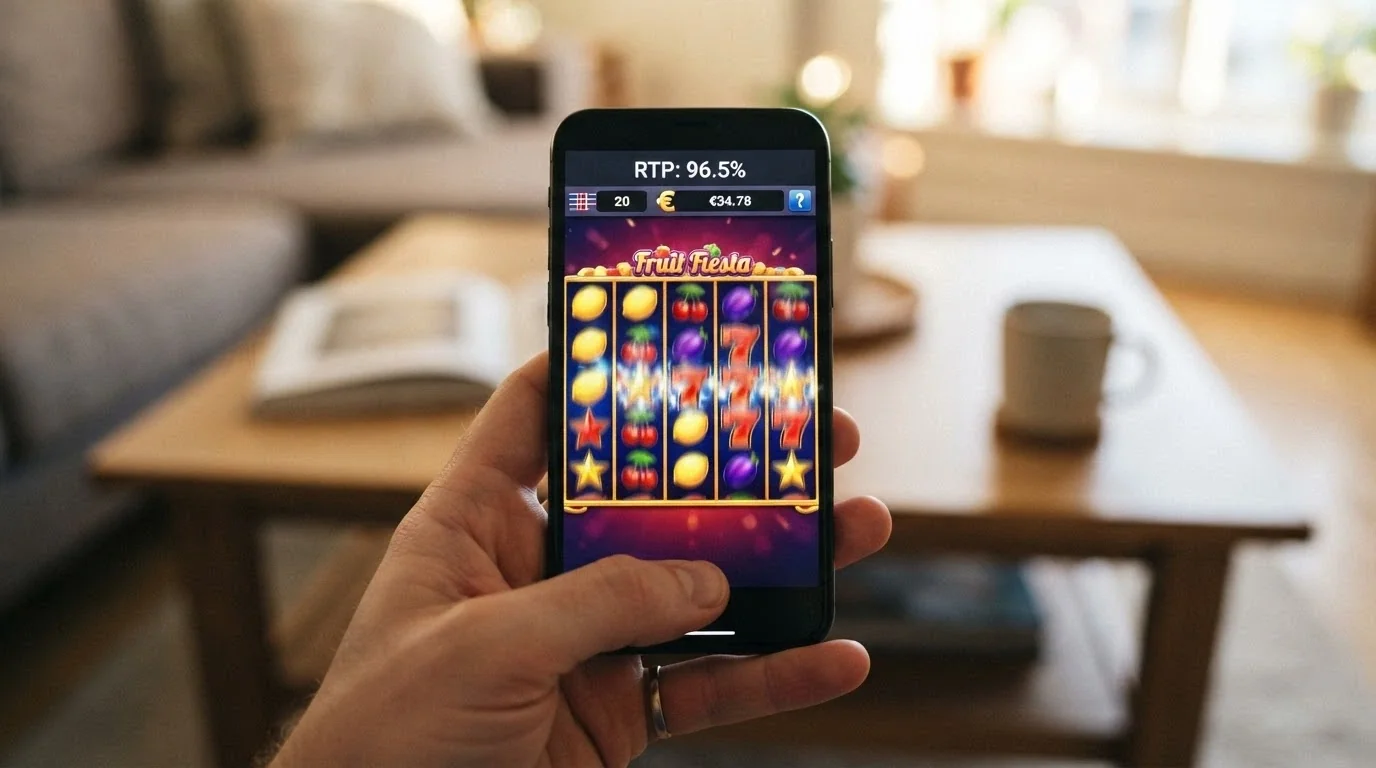 A smartphone displaying colourful online pokie reels mid-spin with an RTP percentage overlay visible in the game-info panel