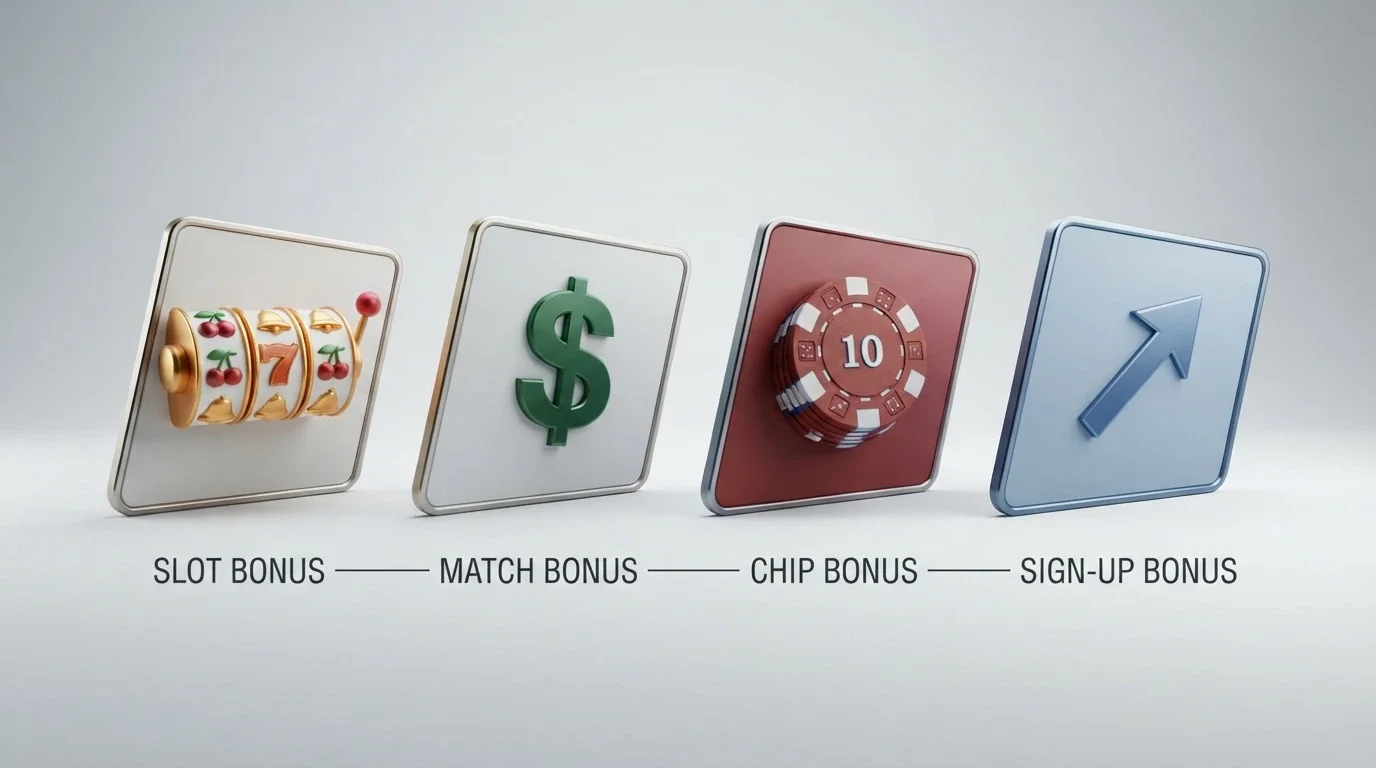 Four illustrated cards side by side, each labelled with a different bonus type: no-deposit spins, deposit match, free chip, and sign-up code, with simplified value markers beneath each