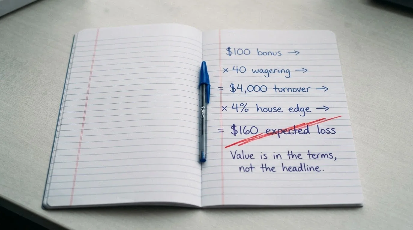 A clean calculator-style layout showing the maths: $100 bonus × 40× wagering = $4,000 turnover × 4% house edge = $160 expected loss, with the final figure struck through and replaced by “value is in the terms, not the headline.”