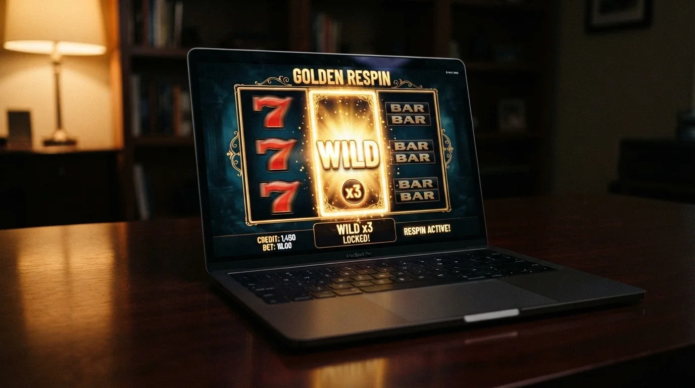 A classic 3-reel slot screen with a respin feature active, showing a wild multiplier symbol locking in place on the centre reel