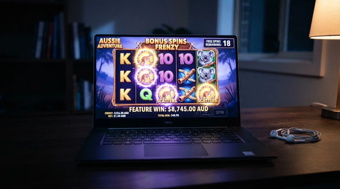 A five-reel slot screen mid-bonus with free-spin counters, animated scatter symbols lit across the reels and a running win total
