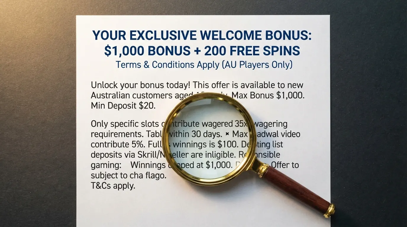 A large-print bonus amount with a magnifying glass over the fine-print terms beneath it, revealing wagering multiples and max-cashout clauses