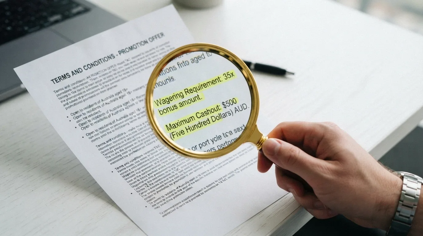 A magnifying glass held over a printed terms-and-conditions document, with the wagering-requirement and max-cashout clauses highlighted in yellow marker.