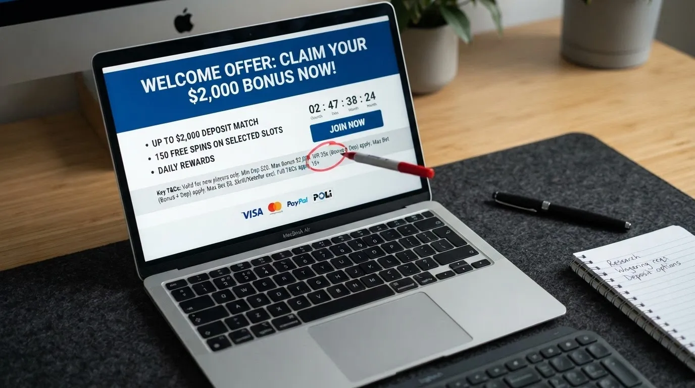 A welcome-offer landing page with the headline bonus amount displayed prominently and the wagering-requirement fine print circled beneath it