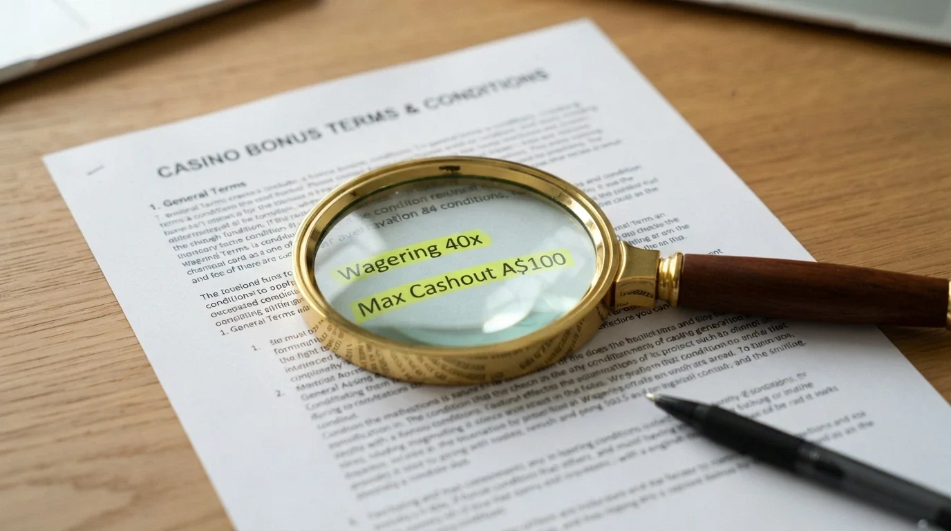 A magnifying glass held over a casino bonus terms-and-conditions page, with “Wagering 40x” and “Max Cashout A$100” highlighted in yellow