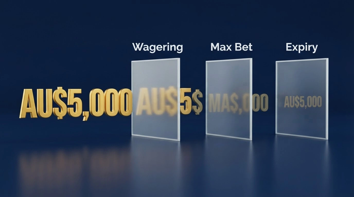 A conceptual illustration of a bonus offer being reduced through sequential filters — a large AU$5,000 figure passing through labelled gates for wagering, max bet and expiry, shrinking to a smaller amount.