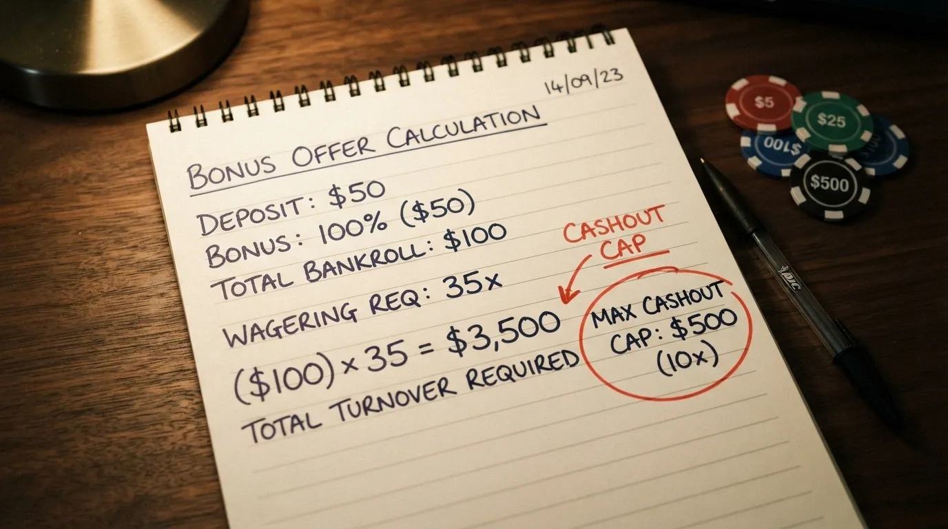 A calculator or notepad showing a simple equation: bonus amount × wagering = turnover, with cashout cap circled