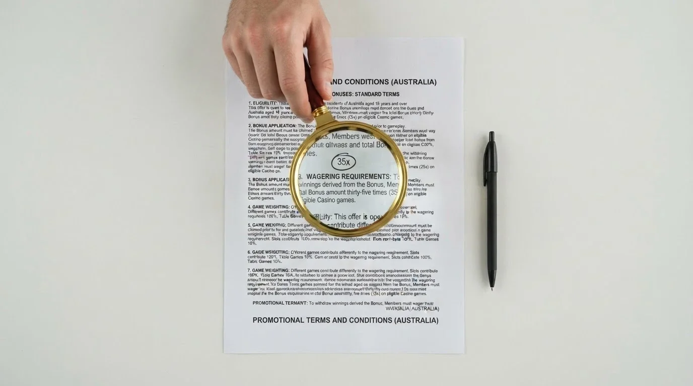 A magnifying glass over printed casino bonus terms and conditions with the wagering requirement figure circled
