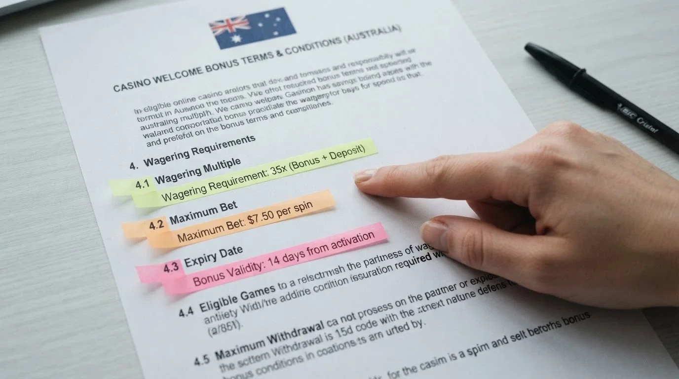 A close-up of a casino bonus terms section with wagering requirements, max bet limits and expiry dates highlighted with annotated callouts