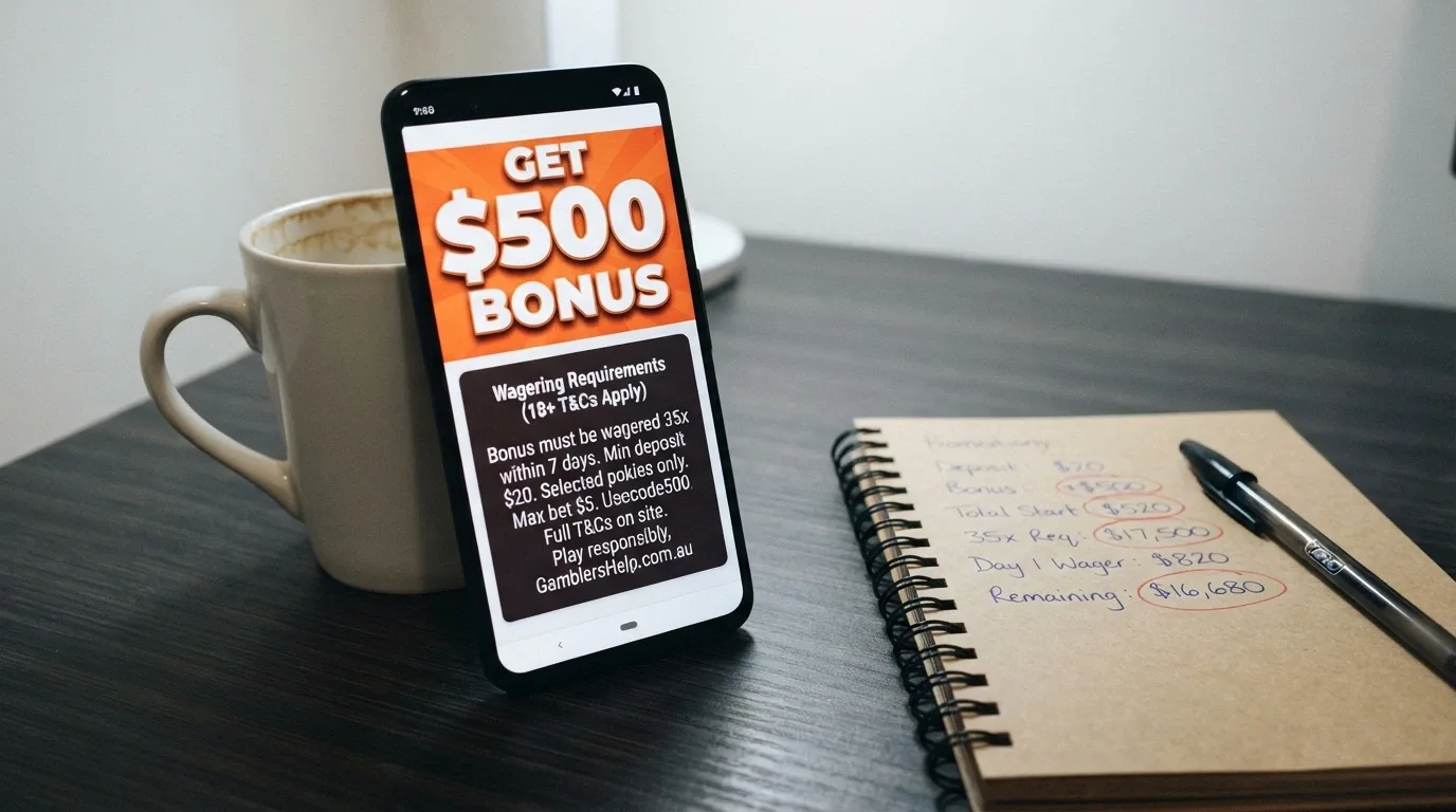 A mobile casino promotions page with the welcome bonus headline figure and the wagering requirements fine print highlighted below it