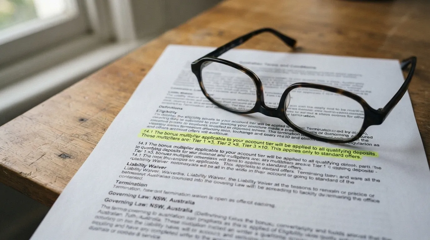 A pair of reading glasses resting on printed terms and conditions, with a highlighter marking a wagering-requirements clause