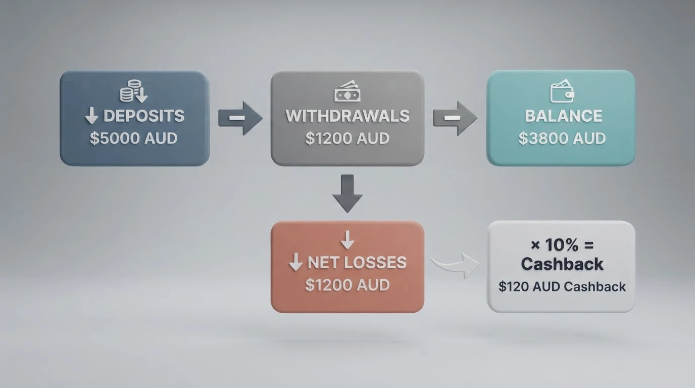 A simple visual diagram showing the net-losses cashback formula: deposits minus withdrawals minus balance, with a percentage arrow pointing to the cashback amount