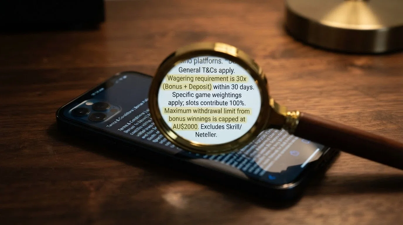 Magnifying glass over a smartphone screen showing casino bonus terms and conditions, with wagering-requirement and cashout-cap clauses highlighted