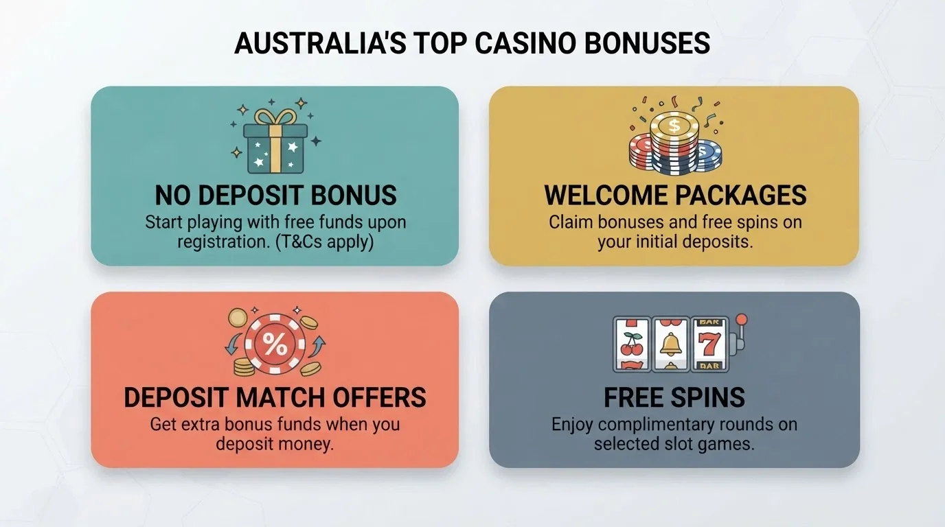 Four illustrated tiles labelled No-Deposit, Welcome Package, Deposit Match and Free Spins, arranged in a grid