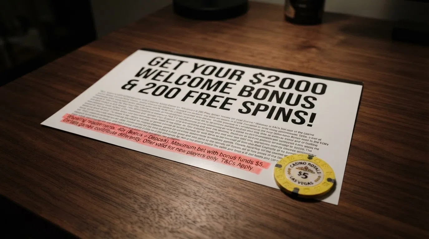 A casino welcome bonus advertisement with the terms-and-conditions section highlighted