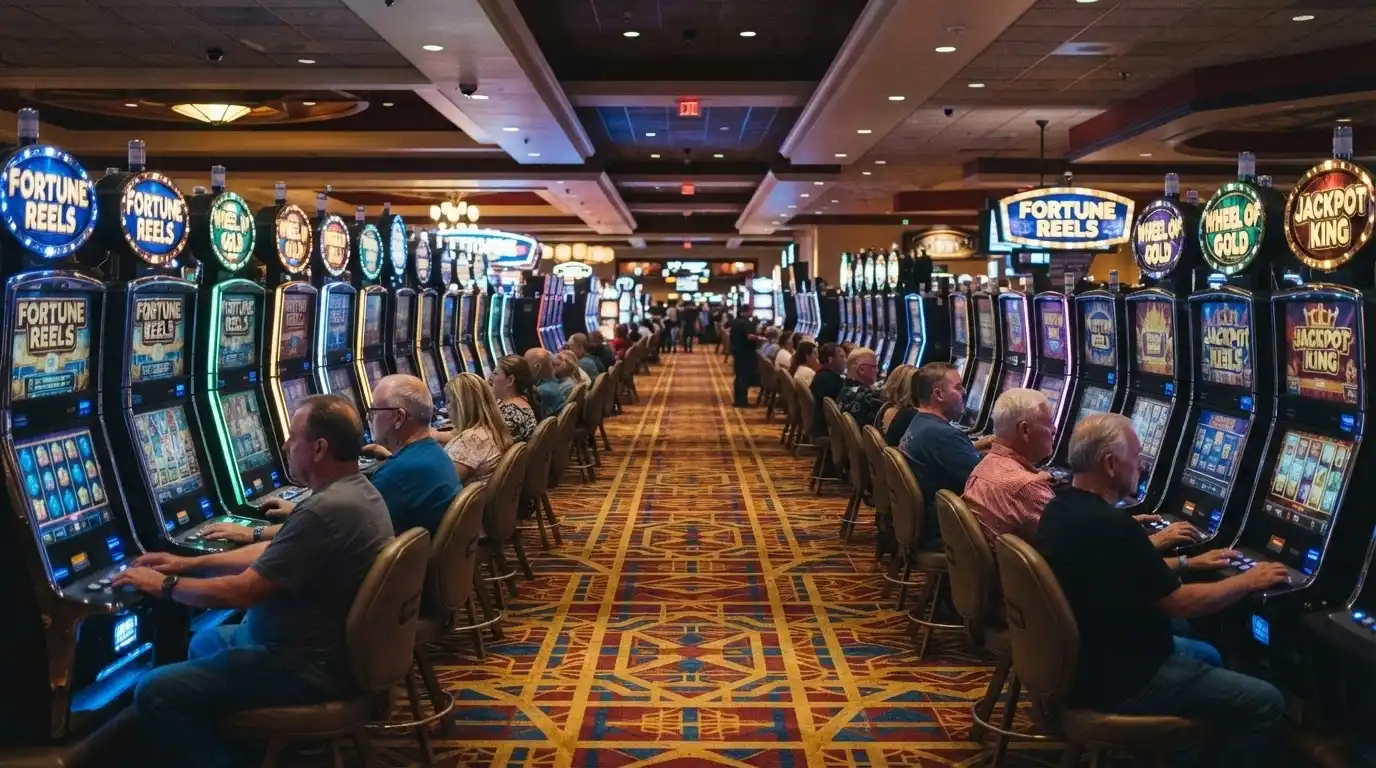 Rows of electronic gaming machines on the Casino Canberra floor with players seated