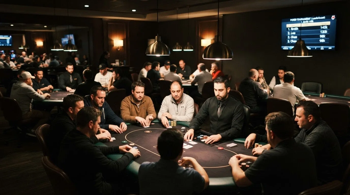 Poker tables and players in the dedicated poker lounge at Casino Canberra