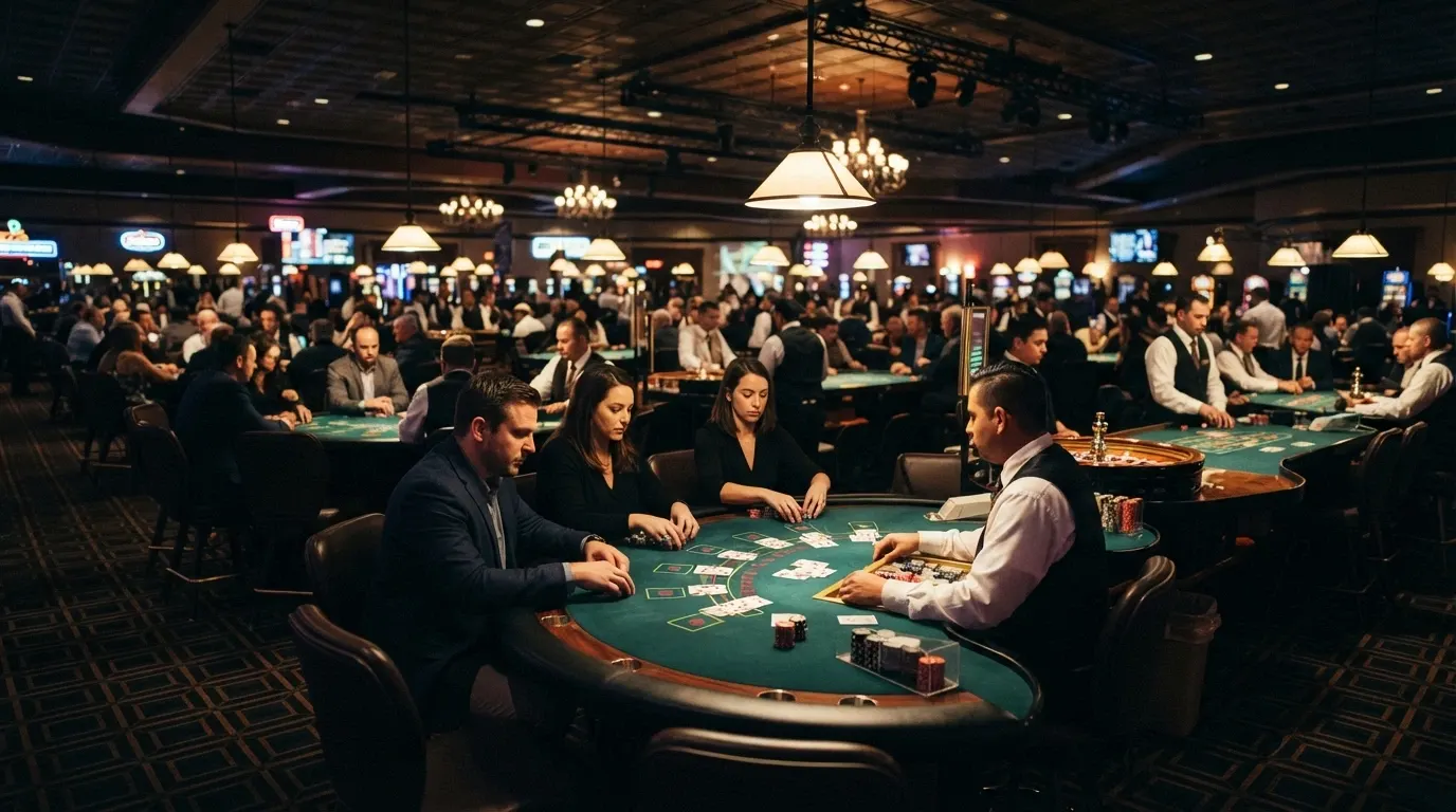 Blackjack, roulette and baccarat tables spread across the Casino Canberra gaming floor