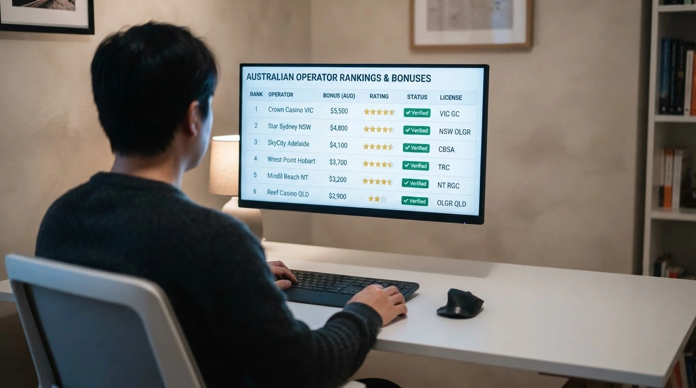 A clean desktop view of a comparison-table interface showing casino names, bonus figures and star-style ratings, with Australian dollar amounts in the cells