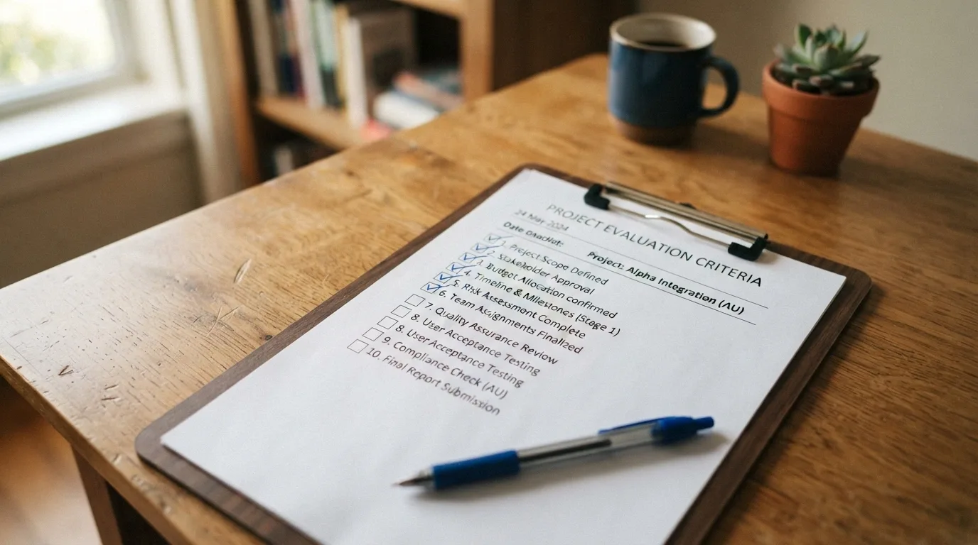 A clipboard with evaluation criteria items ticked off one by one