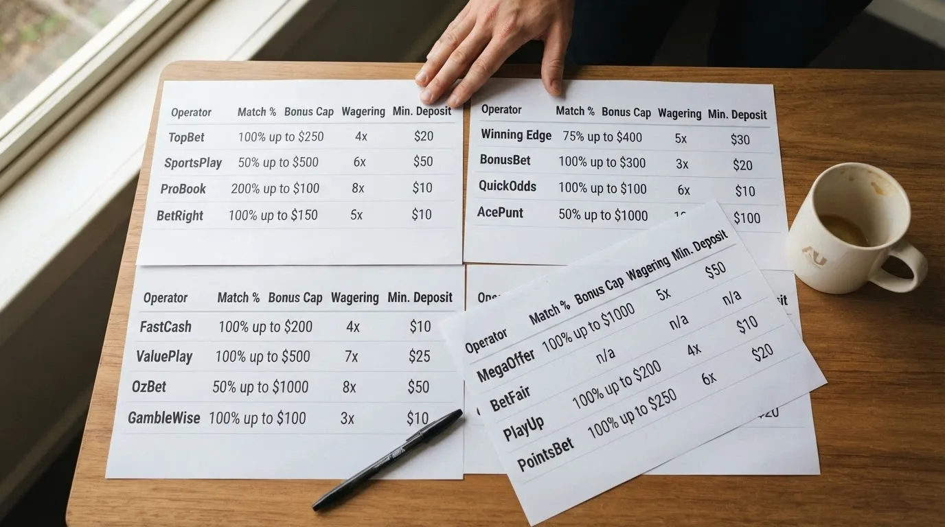 A side-by-side grid comparing casino bonus offers with columns for match percentage, dollar cap, wagering multiple and minimum deposit