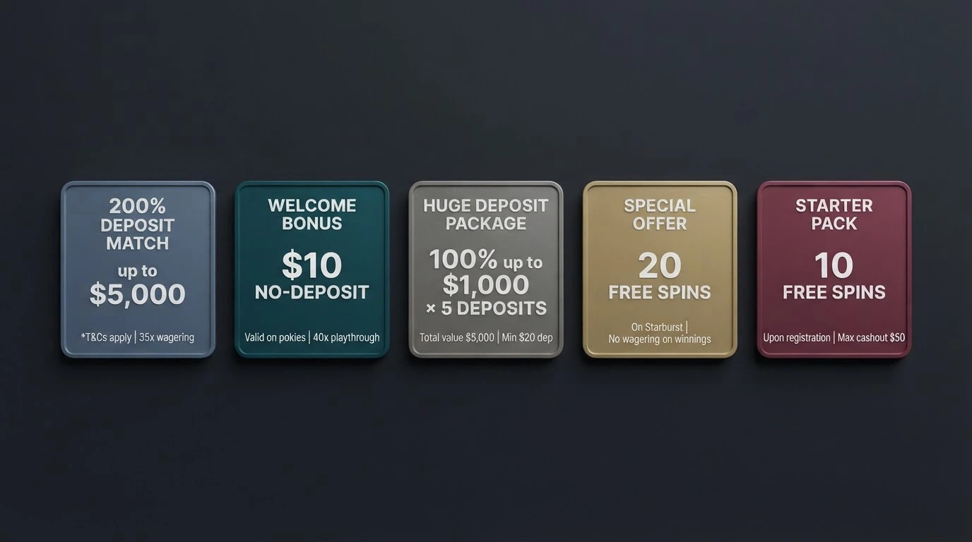 A row of five casino welcome-offer badges displayed on a dark background, each showing a different bonus amount and wagering figure alongside the operator's logo.