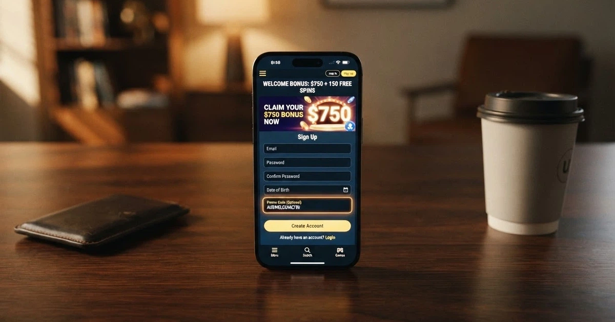 A smartphone screen displaying an online casino promotion page with a promo code entry field highlighted, an Australian dollar symbol visible beside the bonus amount on screen