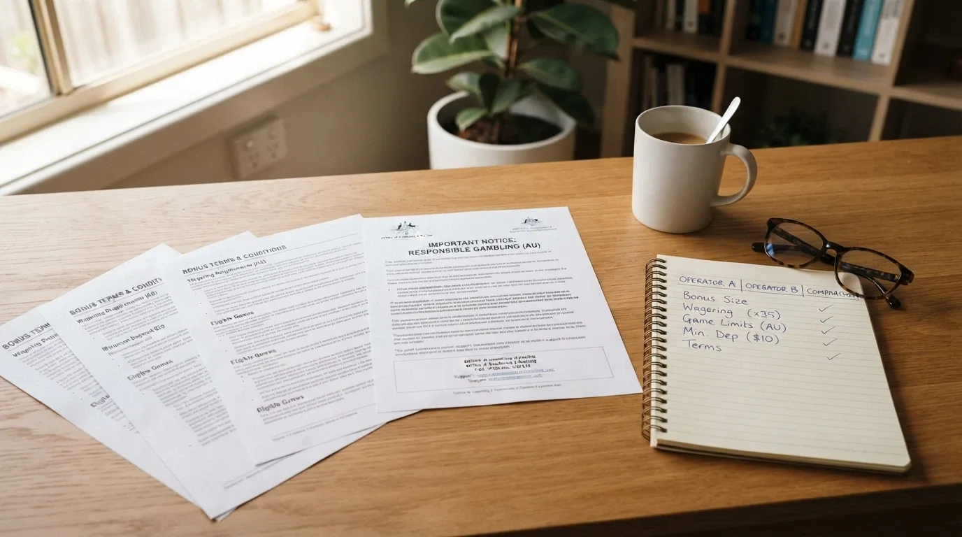 A desk with printed operator bonus terms pages, an ACMA enforcement notice, and a notepad with handwritten comparison criteria — match percentage, wagering type, minimum deposit, and validity window