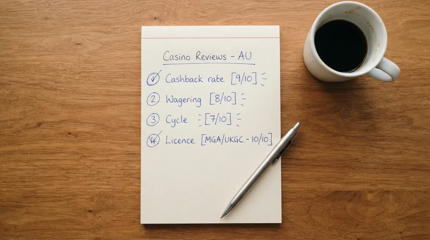 A desktop workspace with a notepad showing a scored checklist of criteria (cashback rate, wagering, cycle, licence), a pen and a coffee cup