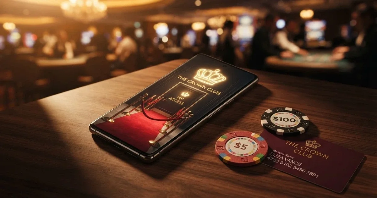 A digital illustration of a velvet-rope VIP entrance on a smartphone screen, a gold crown icon glowing above it, with casino chips and a loyalty card visible in the foreground