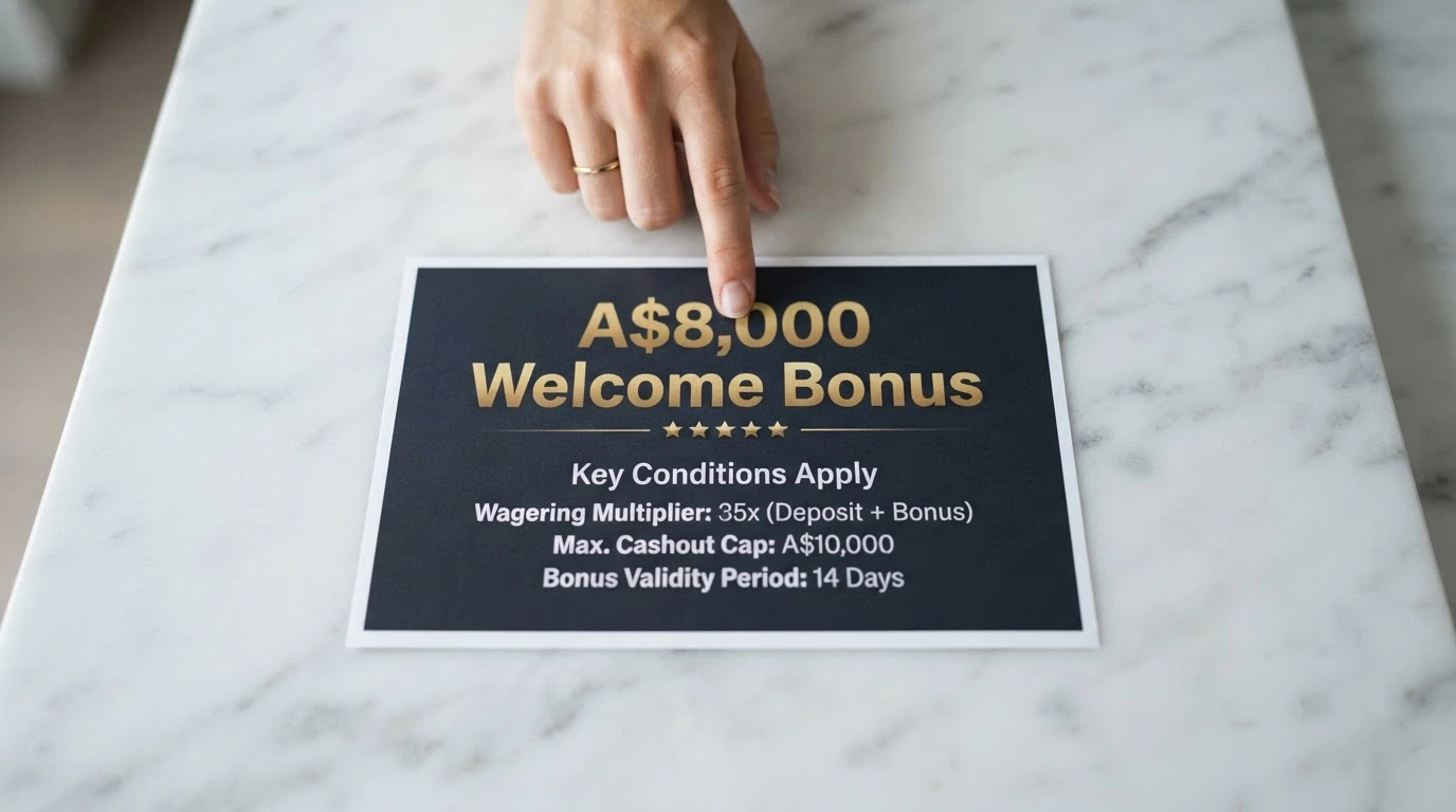 A close-up of a promotional banner showing “A$8,000 Welcome Bonus” in bold, with fine-print terms — wagering, max cashout, validity — highlighted beneath it
