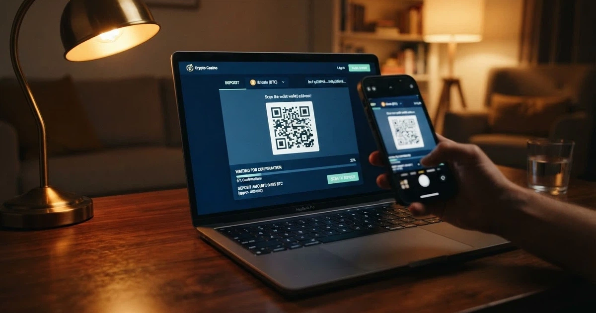 A laptop screen showing a Bitcoin deposit page at an online casino with a cryptocurrency wallet QR code and a blockchain confirmation dialogue visible