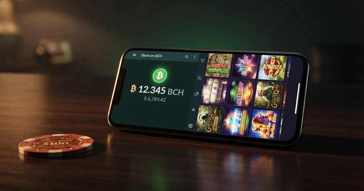 A smartphone screen showing a Bitcoin Cash wallet balance next to an online casino lobby with pokies thumbnails, set against a dark background with the BCH green logo