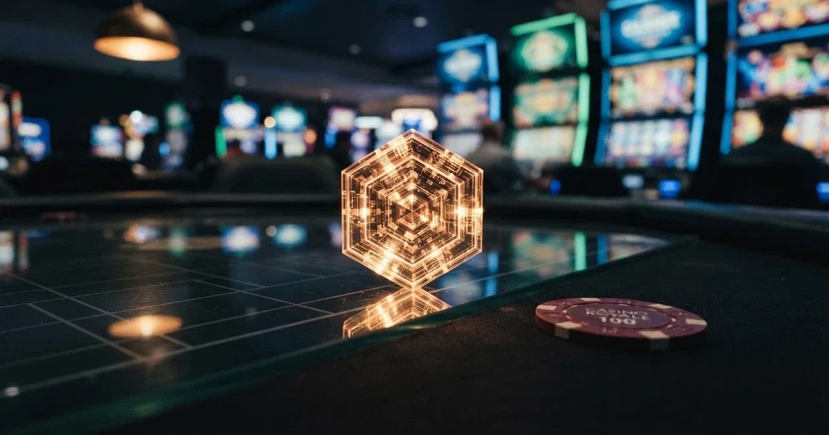 An Ethereum token on a digital gaming interface with online casino elements in the background