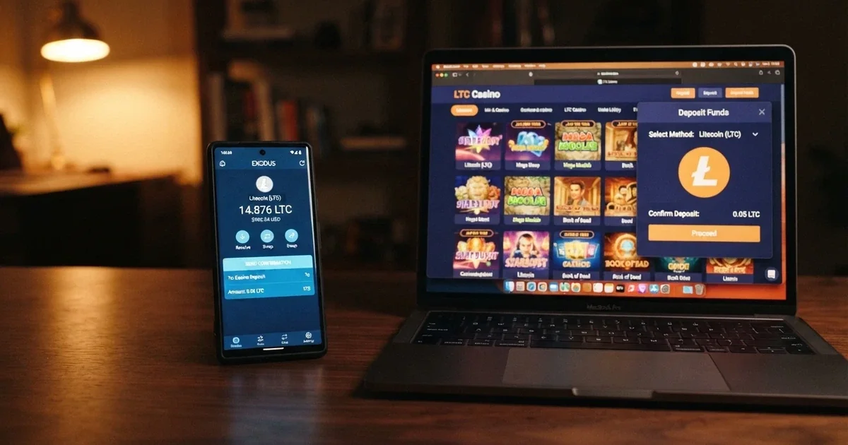 A smartphone displaying a cryptocurrency wallet app beside a laptop showing an online casino lobby with Litecoin logo visible on the deposit screen
