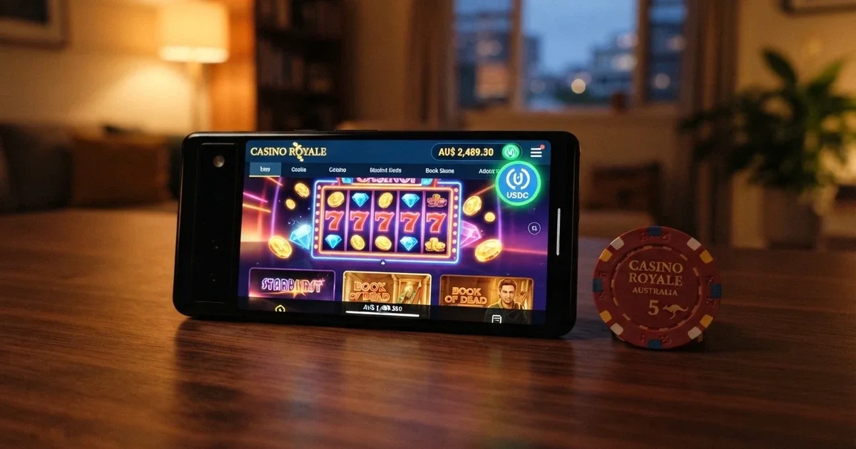A smartphone screen showing a crypto casino lobby with a Tether (USDT) logo and a deposit button highlighted on screen