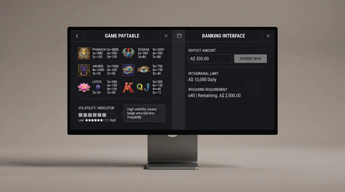 Side-by-side view of an Aristocrat pokie paytable and a casino banking screen