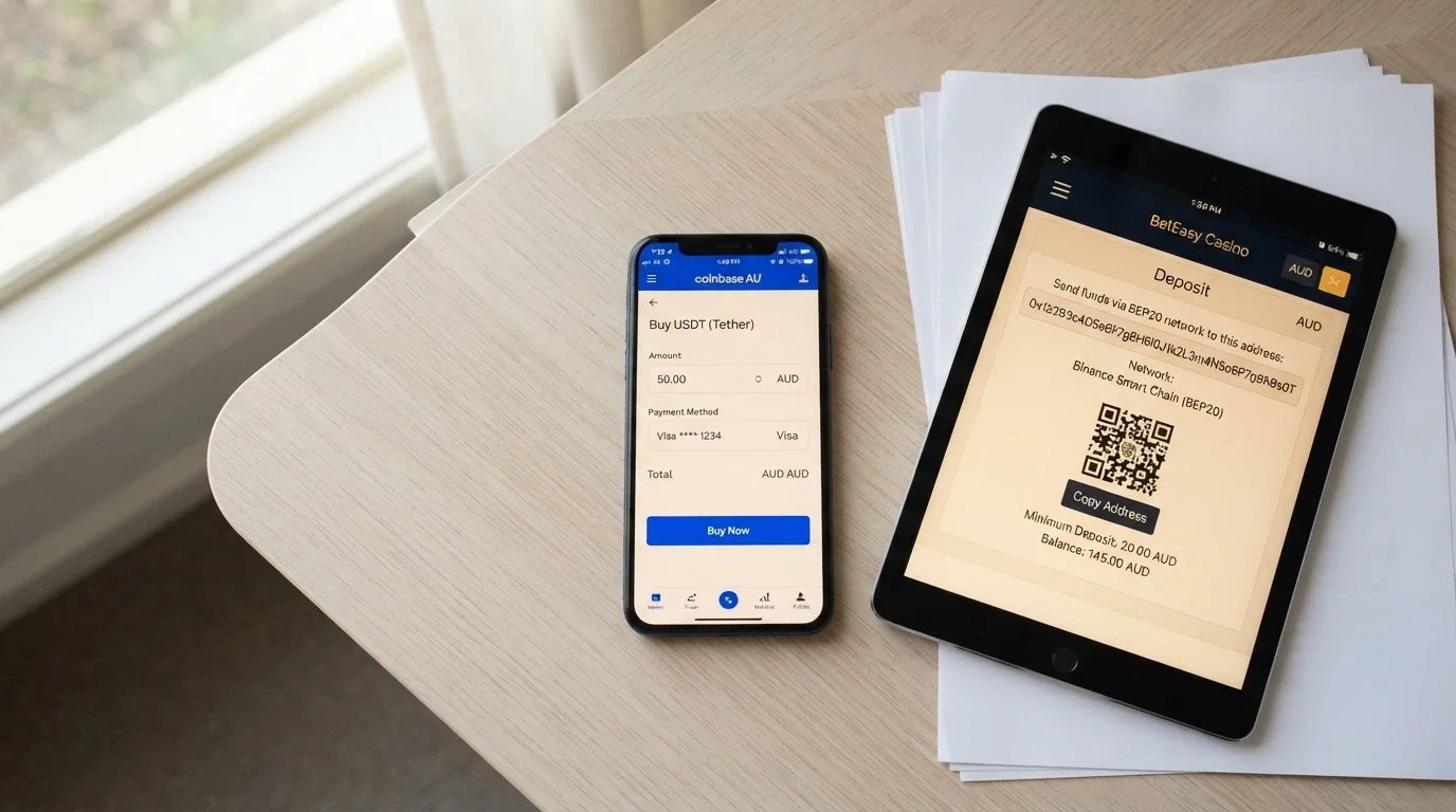 A phone screen showing a CoinSpot buy order for USDT beside a casino deposit screen with a TRC-20 wallet address pasted in