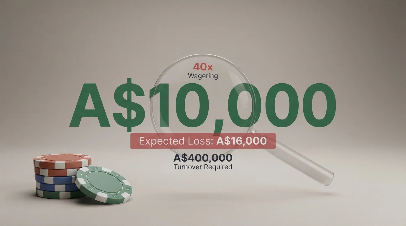 A large bonus figure (A$10,000) partially crossed out by a magnifying glass revealing the fine print — wagering multiple, max bet and cashout cap highlighted