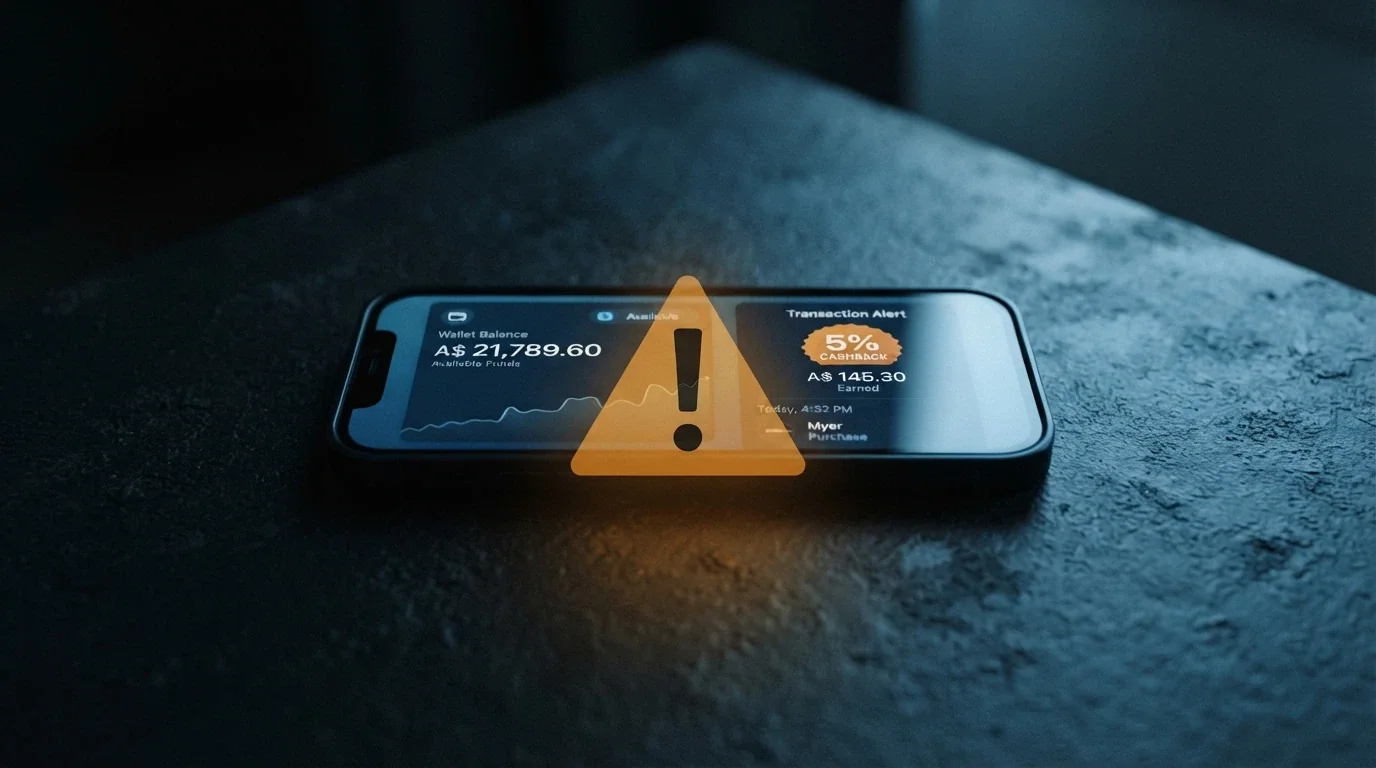 A smartphone showing a cryptocurrency wallet balance beside a casino cashback notification, with a warning-icon overlay