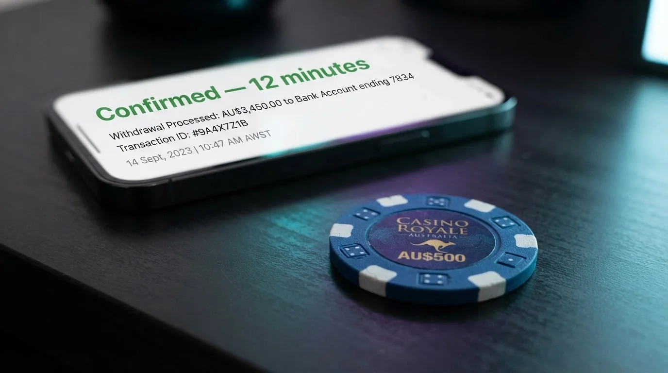A Bitcoin coin resting on a casino chip, with a smartphone in the background displaying a withdrawal confirmation showing “12 minutes”