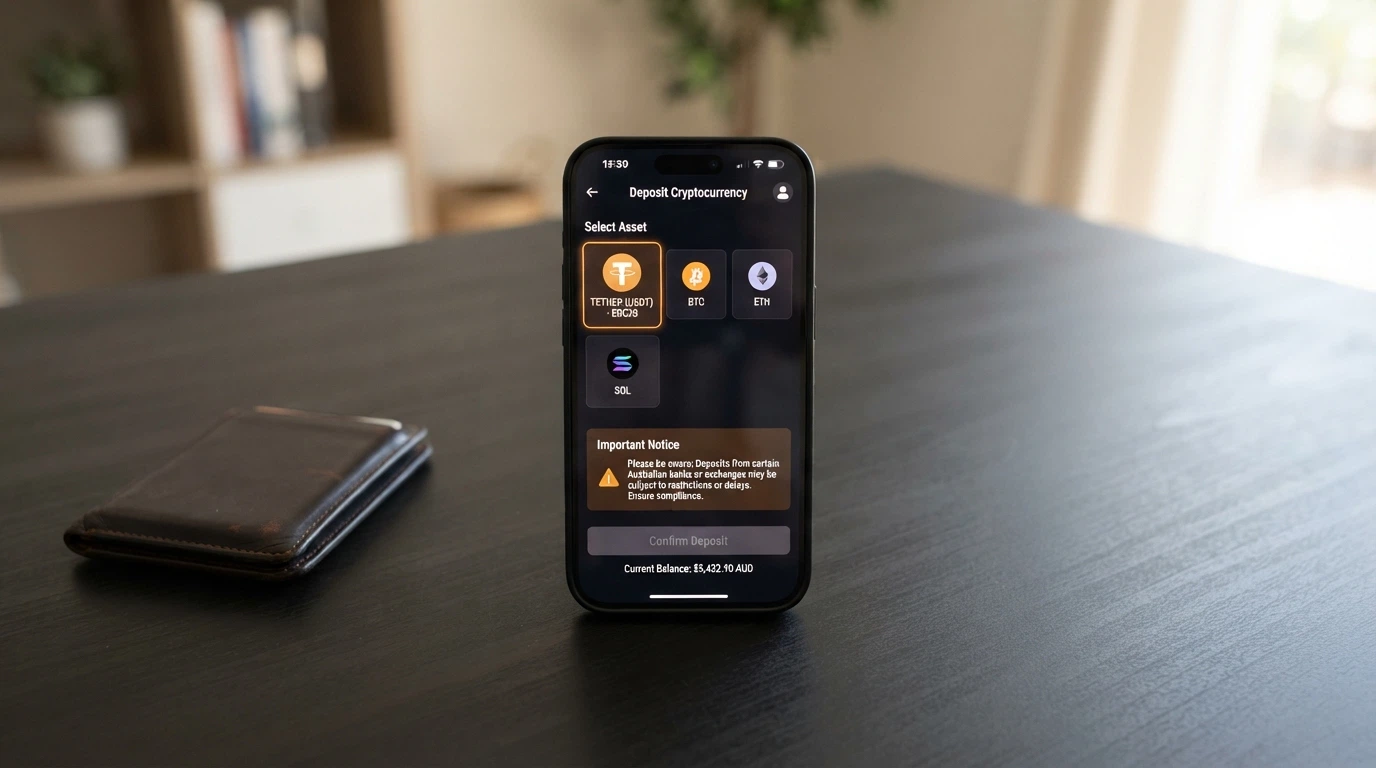 A smartphone screen showing a casino deposit page with Bitcoin selected, overlaid with an Australian regulatory warning icon