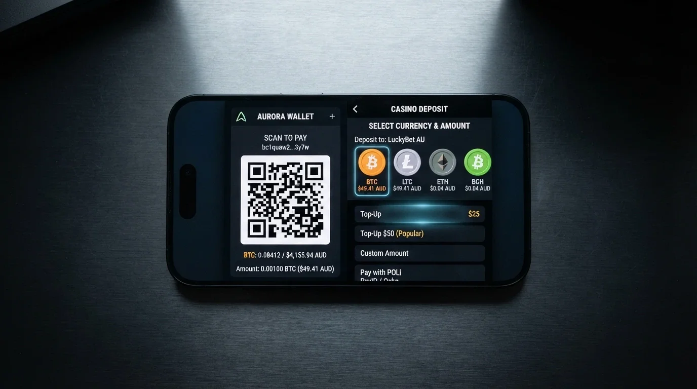 iPhone showing a crypto wallet QR code next to a casino deposit screen with Bitcoin and USDT options